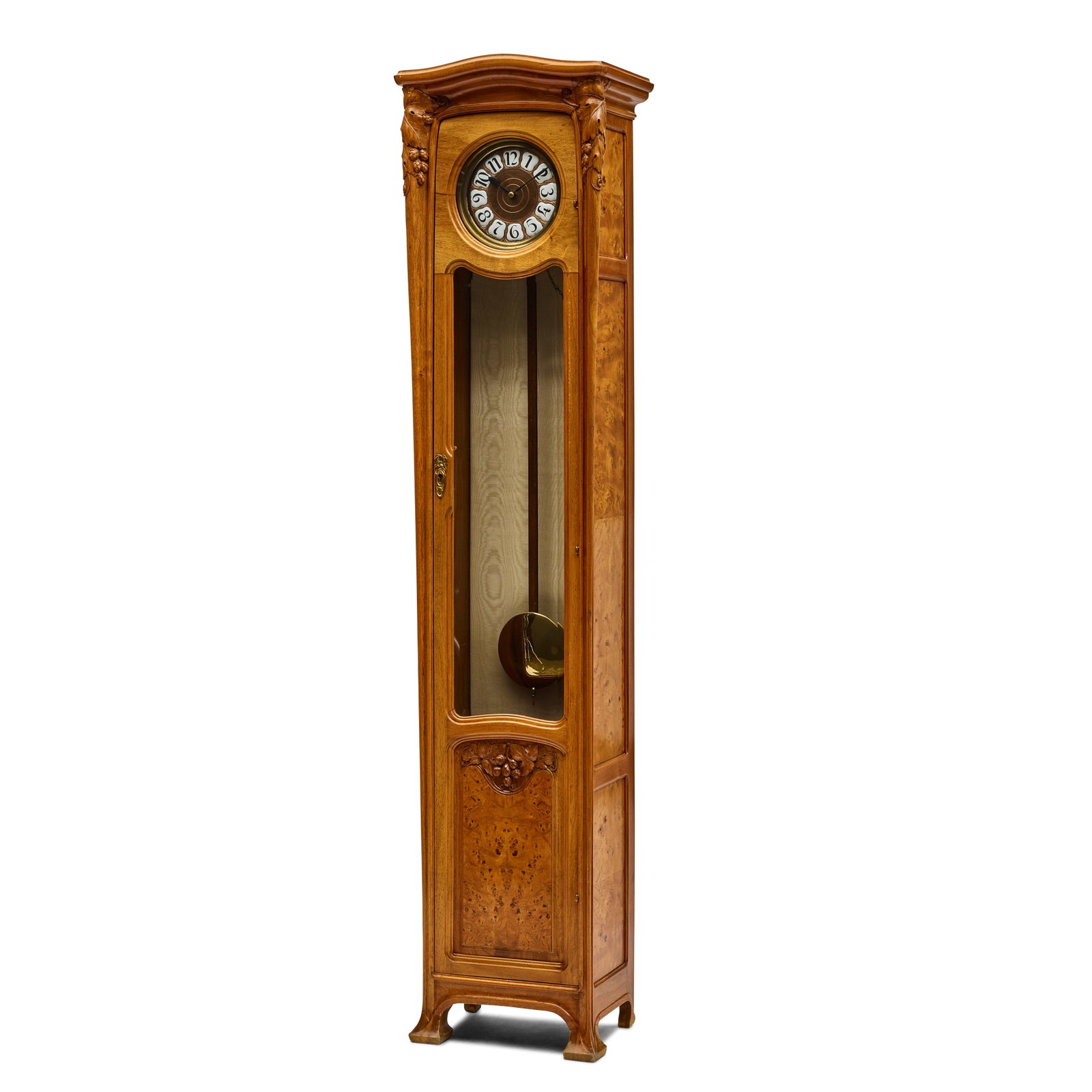 LOUIS MAJORELLE (1859–1926); MANNER OF Longcase Clockcirca 1900walnut, burlwood, porcelai...: LOUIS MAJORELLE (1859–1926); MANNER OF Longcase Clock circa 1900 walnut, burlwood, porcelain, glass, bronze, stamped '8424' on the reverse with Louis Chambry metal retailer's tag height 81 1/2in