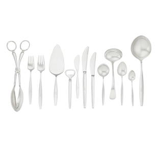 GEORG JENSEN (1866-1935) Cypress Pattern Flatware Servicedesigned 1953designed by Tias Eckhoff, ...: GEORG JENSEN (1866-1935) Cypress Pattern Flatware Service designed 1953 designed by Tias Eckhoff, sterling silver, stainless steel, stamped 'STERLING DENMARK' with Georg Jensen hallmark, monogrammed '