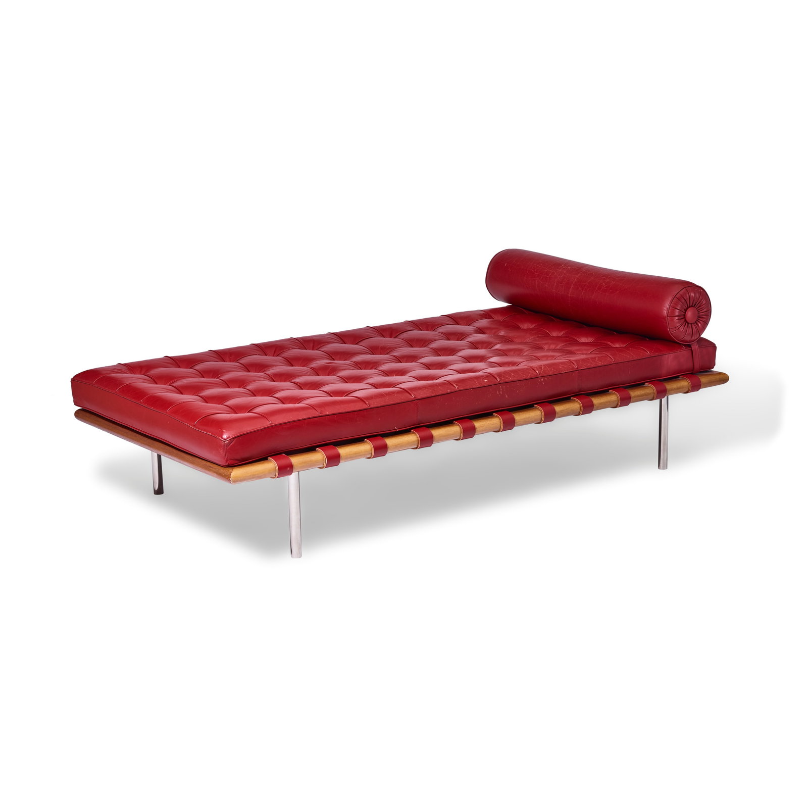 LUDWIG MIES VAN DER ROHE (1886-1969) Barcelona Daybeddesigned 1930for Knoll, walnut, leather, st...: LUDWIG MIES VAN DER ROHE (1886-1969) Barcelona Daybed designed 1930 for Knoll, walnut, leather, stainless steel height 23in (58.5cm); width 40in (102cm); depth 80 1/4in (204cm) Footnotes: Provenance E