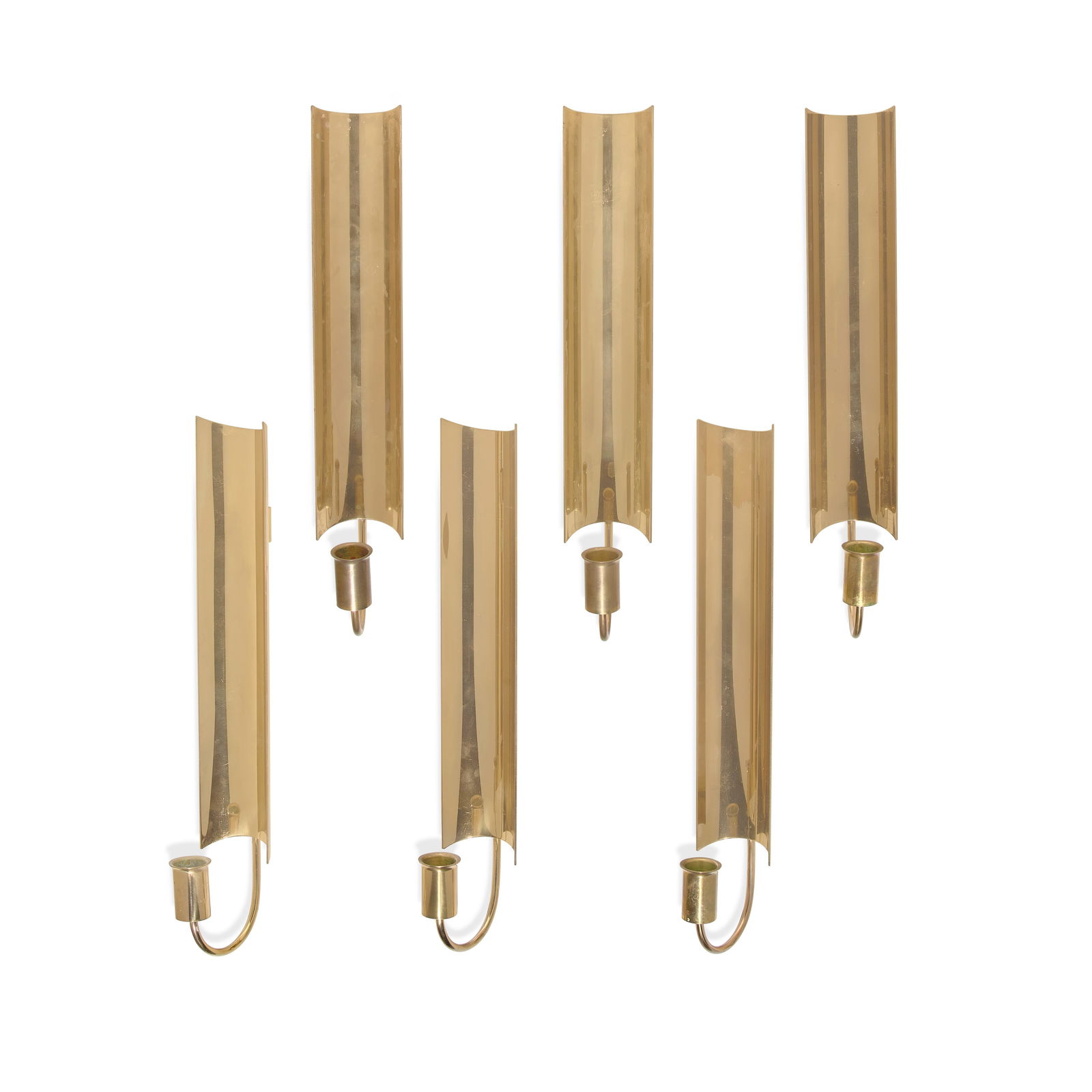 PIERRE FORSSELL (1925-2004) Set of Six 'Reflex' Sconcesdesigned late 1960sfor Skultuna 1607, pol...: PIERRE FORSSELL (1925-2004) Set of Six 'Reflex' Sconces designed late 1960s for Skultuna 1607, polished brass, each stamped 'SKUTLTUNA 1607 Sweden' with artist's signature, two stamped 'M10', two stam