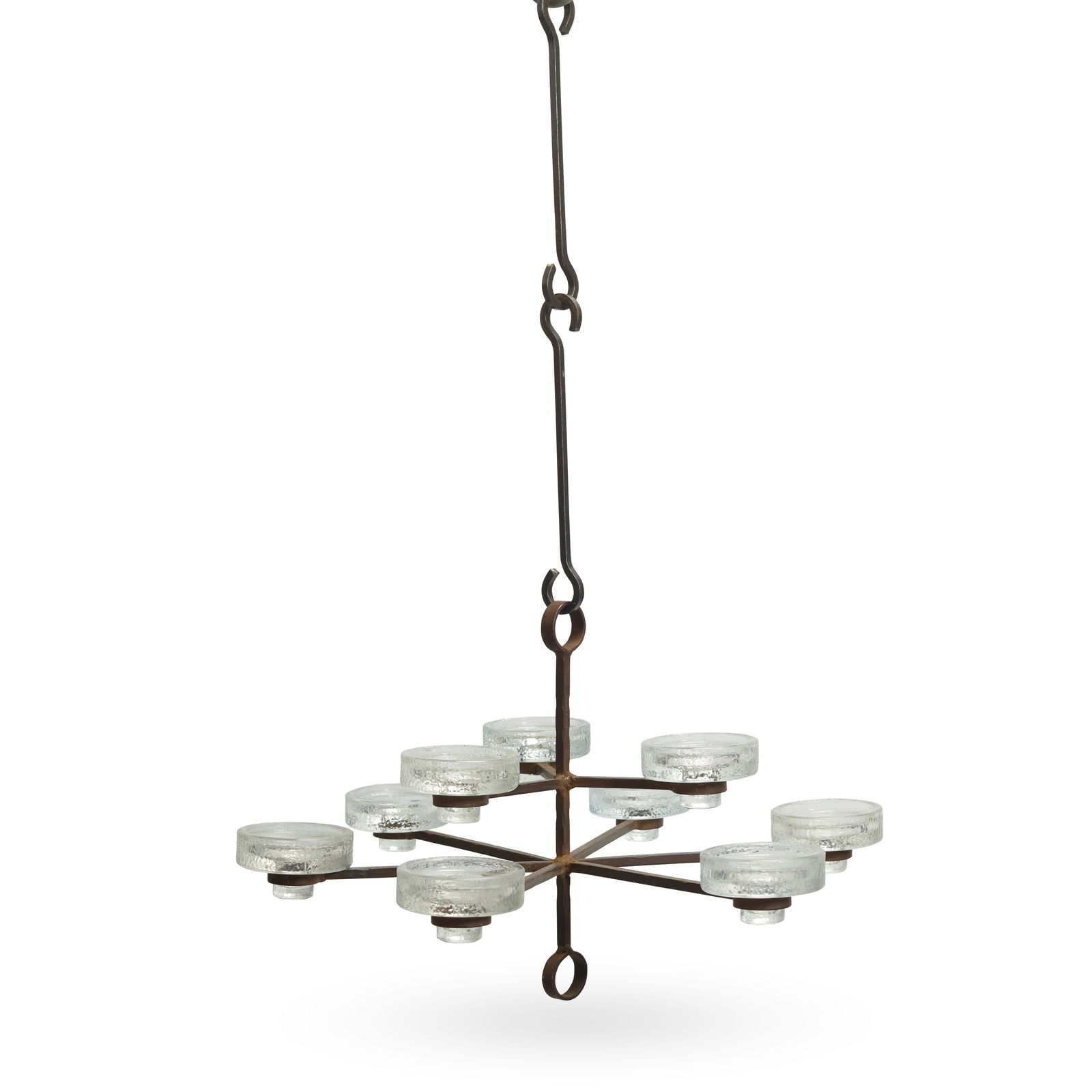 ERIK HOGLUND (1932-1998) Nine Light Chandeliercirca 1960wrought iron, glass, iron frame stamped ... (1 of 3)