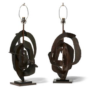 HARRY BALMER Pair of Table Lampscirca 1965for Laurel Lamp Company, cut and welded steel, coppero...: HARRY BALMERPair of Table Lampscirca 1965for Laurel Lamp Company, cut and welded steel, copperoverall height 37in (94cm); width 15in (38cm); depth 16in (40.5cm)Footnotes:ProvenancePrivate Collection,