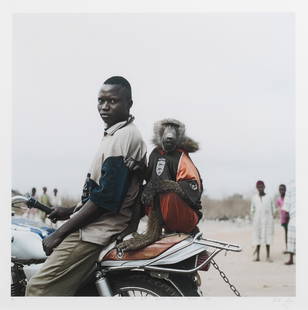 Pieter Hugo (South African, born 1976) (framed): Pieter Hugo (South African, born 1976) Motorbike rider with Amiloo, Abuja, Nigeria 2005 signed 'Pieter Hugo' (lower right), titled and dated 'Motorbike rider with Amiloo, Abuja, Nigeria, 2005' (lower