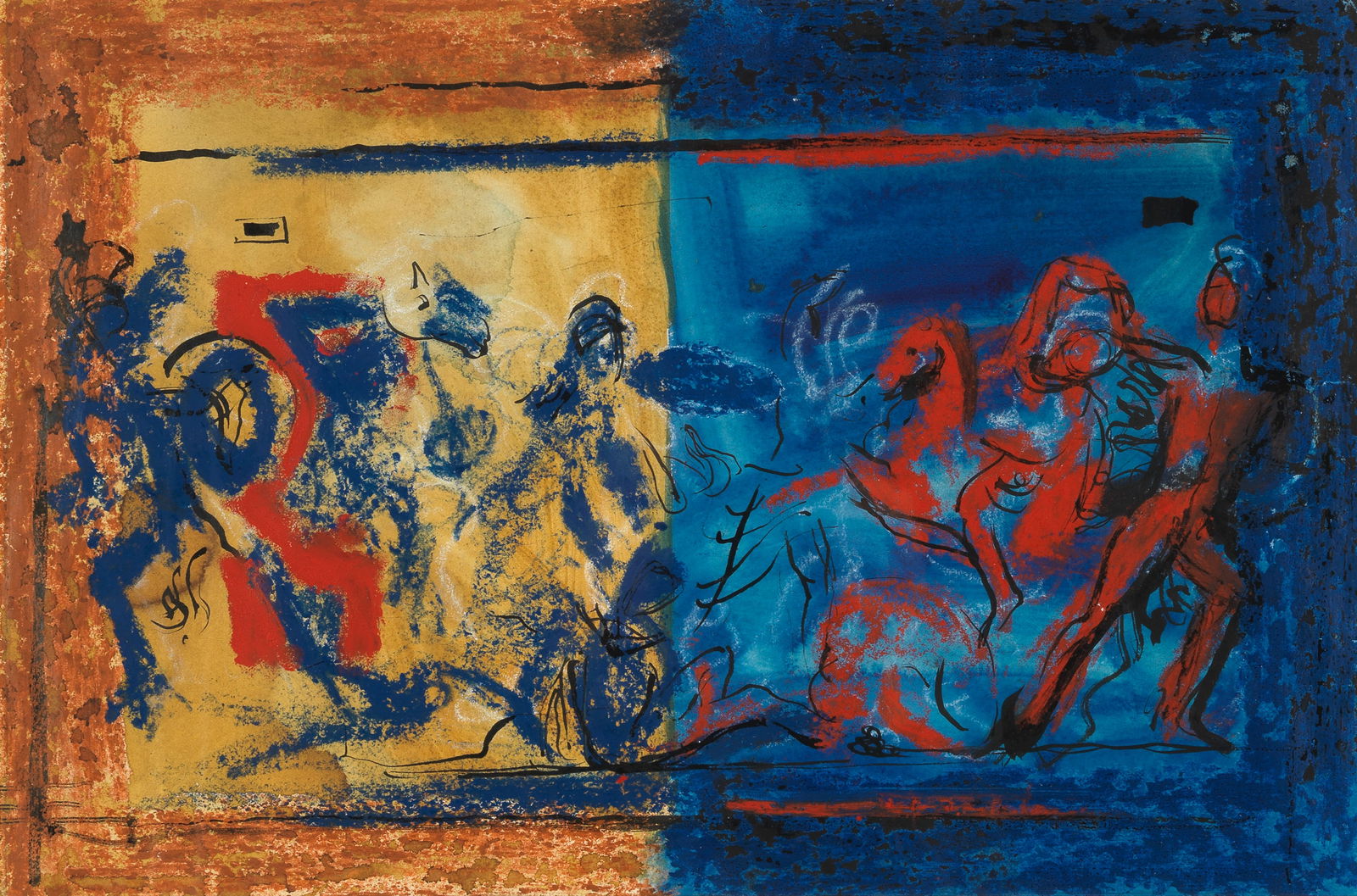 John Piper C.H. (British, 1903-1992) The Hellenistic World, The Amazon Sarcophagus (Executed ci...: John Piper C.H. (British, 1903-1992) The Hellenistic World, The Amazon Sarcophagus watercolour, gouache, pen and ink, ink, chalk and crayon on paper 28 x 42.5cm (11 x 16 3/4in). Executed circa 1958