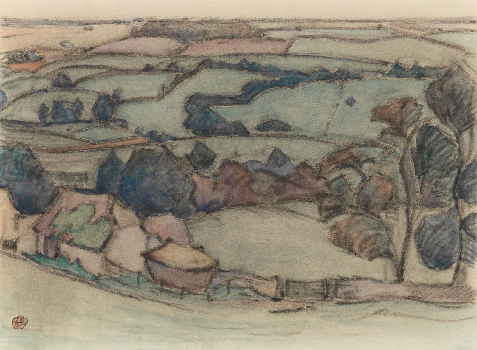 Robert Polhill Bevan (British, 1865-1925) In the Upper Culm Valley (Executed in 1916): Robert Polhill Bevan (British, 1865-1925) In the Upper Culm Valley signed with monogram (lower left) watercolour and charcoal on paper 25 x 34.5cm (9 13/16 x 13 9/16in). Executed in 1916 Footnot