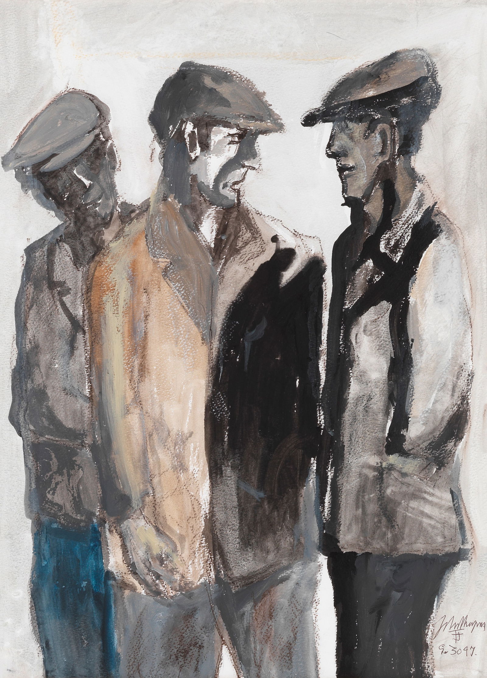 John Thompson (British, 1924-2011) Three Men in Cloth Caps: John Thompson (British, 1924-2011) Three Men in Cloth Caps signed, signed with monogram and inscribed 'John Thompson/G.3047.' (lower right) watercolour, acrylic and chalk on paper 74 x 54cm (29 1/8 x
