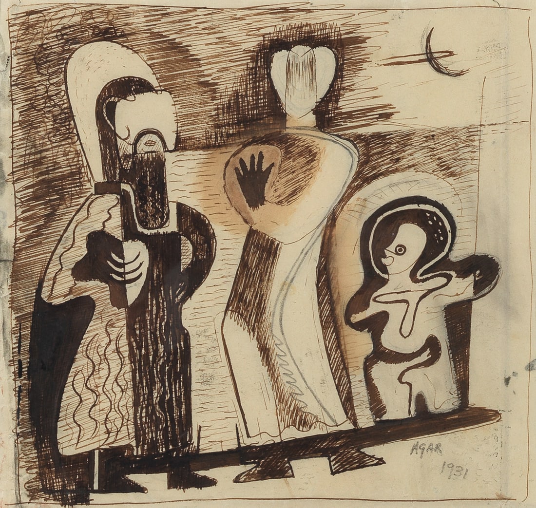 Eileen Agar (British, 1899-1991) Family Trio (together with a further lino cut, The Family Trio,...: Eileen Agar (British, 1899-1991) Family Trio signed and dated 'AGAR/1931' (lower right) pen and ink and pencil on paper 17.5 x 18.5cm (6 7/8 x 7 5/16in). together with a further lino cut, The Family