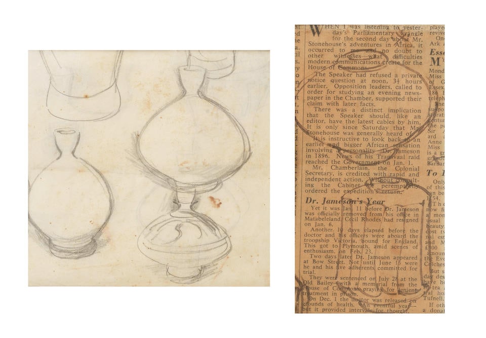 Bernard Leach Two drawings, 1959: Bernard Leach Two drawings, 1959 Work on paper. 10 x 11 cm and 13 x 7 cm Footnotes: Provenance Martin V. Preece, gifted by the artist, 1959 The two designs in the present lot were drawn by Leach in th