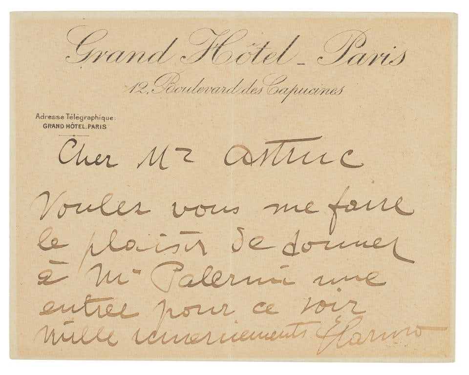 CARUSO GRANTS A NIGHT AT THE OPERA. CARUSO, ENRICO. 1873-1921. Autograph Note Signed ('E. Caruso... (1 of 4)