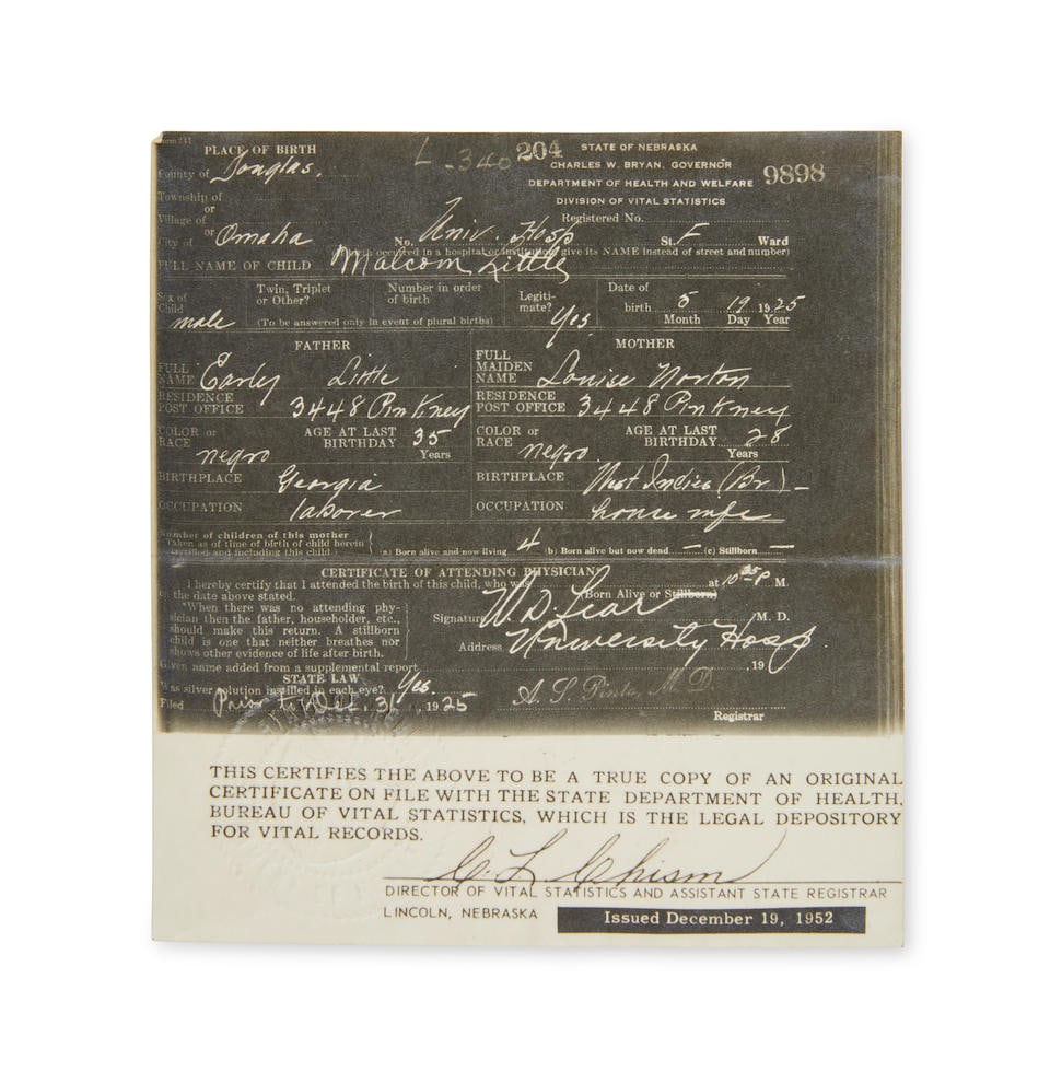 MALCOLM X. 1925-1965. [LITTLE, MALCOLM X.] Official photostat birth certificate of Malcolm X, (1 of 1)