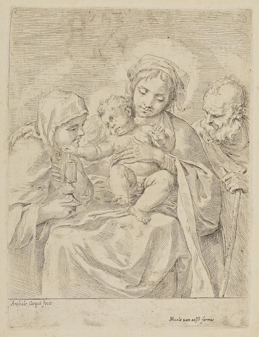 Guido Reni (Italian, 1575-1642) Holy Family with Saint Claire Etching, circa 1590-1600, after An...: Guido Reni (Italian, 1575-1642) Holy Family with Saint Claire (Bartsch XVIII.041 S2) Etching, circa 1590-1600, after Annibale Carracci, on heavy laid paper, second state (of three), published by Nicol