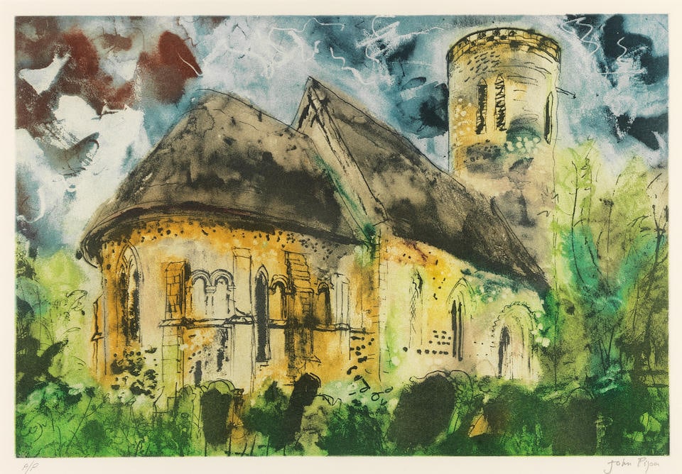 John Piper C.H. (British, 1903-1992) Hales, Norfolk Etching and aquatint in colours, 1989, on Ar...: John Piper C.H. (British, 1903-1992) Hales, Norfolk (Levinson 412) Etching and aquatint in colours, 1989, on Arches wove paper, signed and inscribed 'A/P' in pencil, one of 15 artist's proofs aside fr