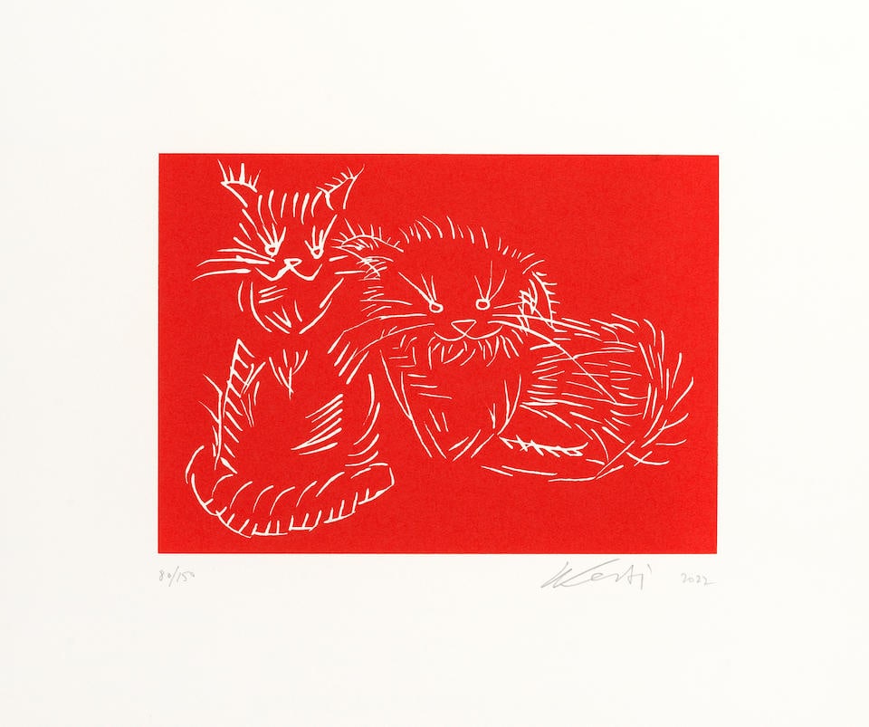 Ai Weiwei (Chinese, born 1957) Cats (Red) Screenprint in red, 2022, on Saunders Waterford paper,...: Ai Weiwei (Chinese, born 1957) Cats (Red) Screenprint in red, 2022, on Saunders Waterford paper, signed, dated, and numbered 80/150 in pencil, published by Kettle's Yard, London, with full margins Ima