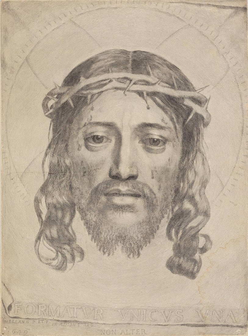 Claude Mellan (French, 1598-1688) The holy face of Jesus Christ impressed on the veil of Veronic...: Claude Mellan (French, 1598-1688) The holy face of Jesus Christ impressed on the veil of Veronica (Montaiglon 25) Engraving, 1649, on laid paper with unidentified watermark, trimmed to or just inside