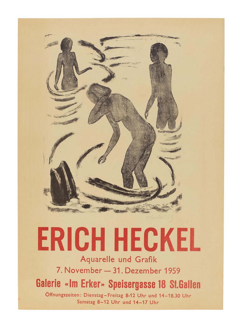 Erich Heckel (German, 1883-1970) Schlafende Frau; Badende Mädchen (poster) Lithograph, 1952...: Erich Heckel (German, 1883-1970) Schlafende Frau; Badende Mädchen (poster) (Dube L 352 II; L 367 III B) Lithograph, 1952, on wove paper, signed and dated in pencil, the full sheet; together with