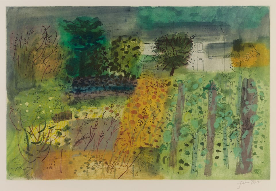 John Piper C.H. (British, 1903-1992) Locmariaquer, Brittany Etching and aquatint in colours, 199...: John Piper C.H. (British, 1903-1992) Locmariaquer, Brittany (Levinson 426) Etching and aquatint in colours, 1990, on Arches wove paper, bearing signature in pencil, a proof aside from the numbered edi