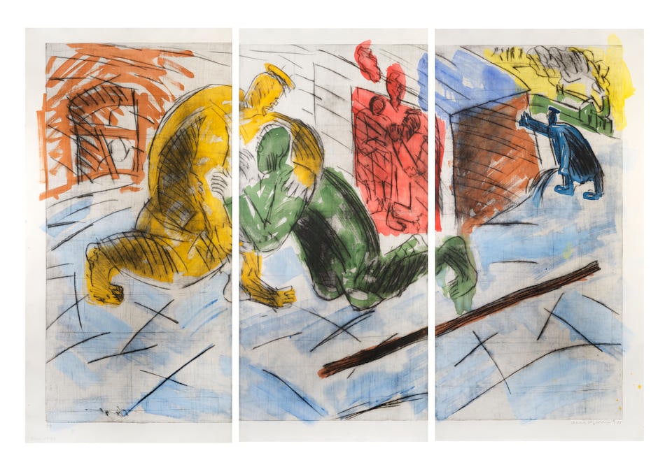 Oleg Kudryashov (British/Russian, 1932-2022) The Prodigal Son (Triptych) Drypoint with extensive...: Oleg Kudryashov (British/Russian, 1932-2022) The Prodigal Son (Triptych) Drypoint with extensive hand-colouring in watercolour and egg tempera, 1995, printed on three sheets of Arches Blanc paper, sig