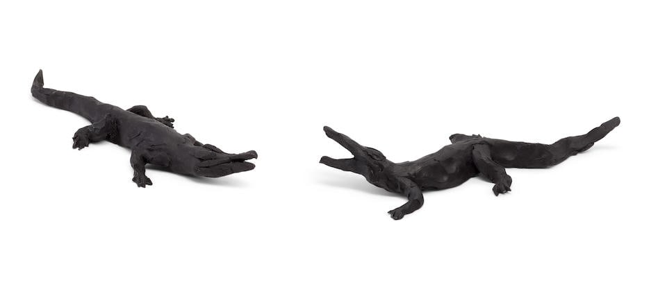 Cai Guo-Qiang (Chinese, born 1957) Alligators Two painted terracotta multiples, 2006, signed in ...: Cai Guo-Qiang (Chinese, born 1957) Alligators Two painted terracotta multiples, 2006, signed in Chinese, further signed, dated and numbered 'Cai 2006 1/5' Overall 260 x 135 x 50mm (10 1/4 x 3 5/8 x 2i