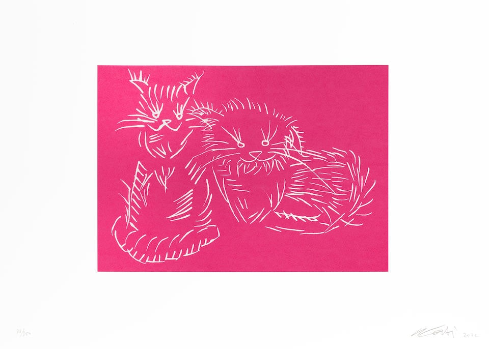 Ai Weiwei (Chinese, born 1957) Cats (Pink) Screenprint in pink, 2022, on Somerset Velvet wove pa...: Ai Weiwei (Chinese, born 1957) Cats (Pink) Screenprint in pink, 2022, on Somerset Velvet wove paper, signed, dated and numbered 38/300 in pencil, published by Kettle's Yard, Cambridge, the full sheet