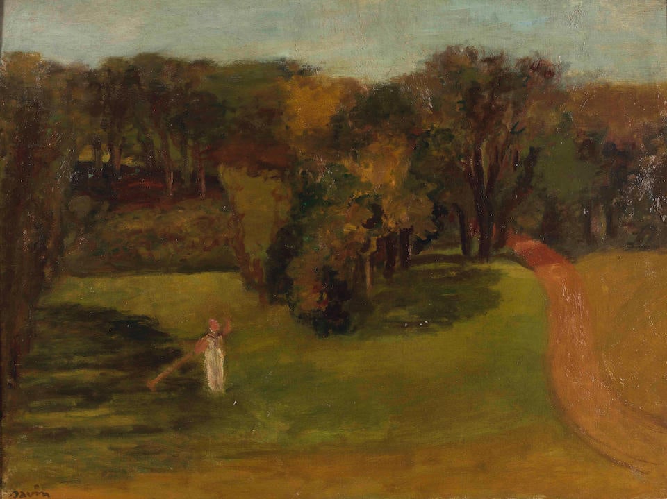 MAURICE LOUIS SAVIN (1894-1973) La faneuse (Normandie) (): MAURICE LOUIS SAVIN (1894-1973) La faneuse (Normandie) signed 'Savin' (lower left); signed and inscribed 'Maurice Savin 9 rue Pauly Paris XIV La faneuse (Normandie)' (on the reverse) oil on canvas 54