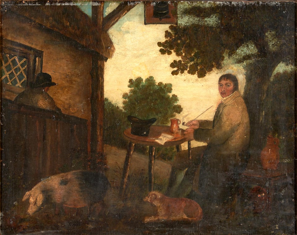 After George Moreland Self portrait of the artist with his dog, seated at a table outside the Be... (1 of 3)