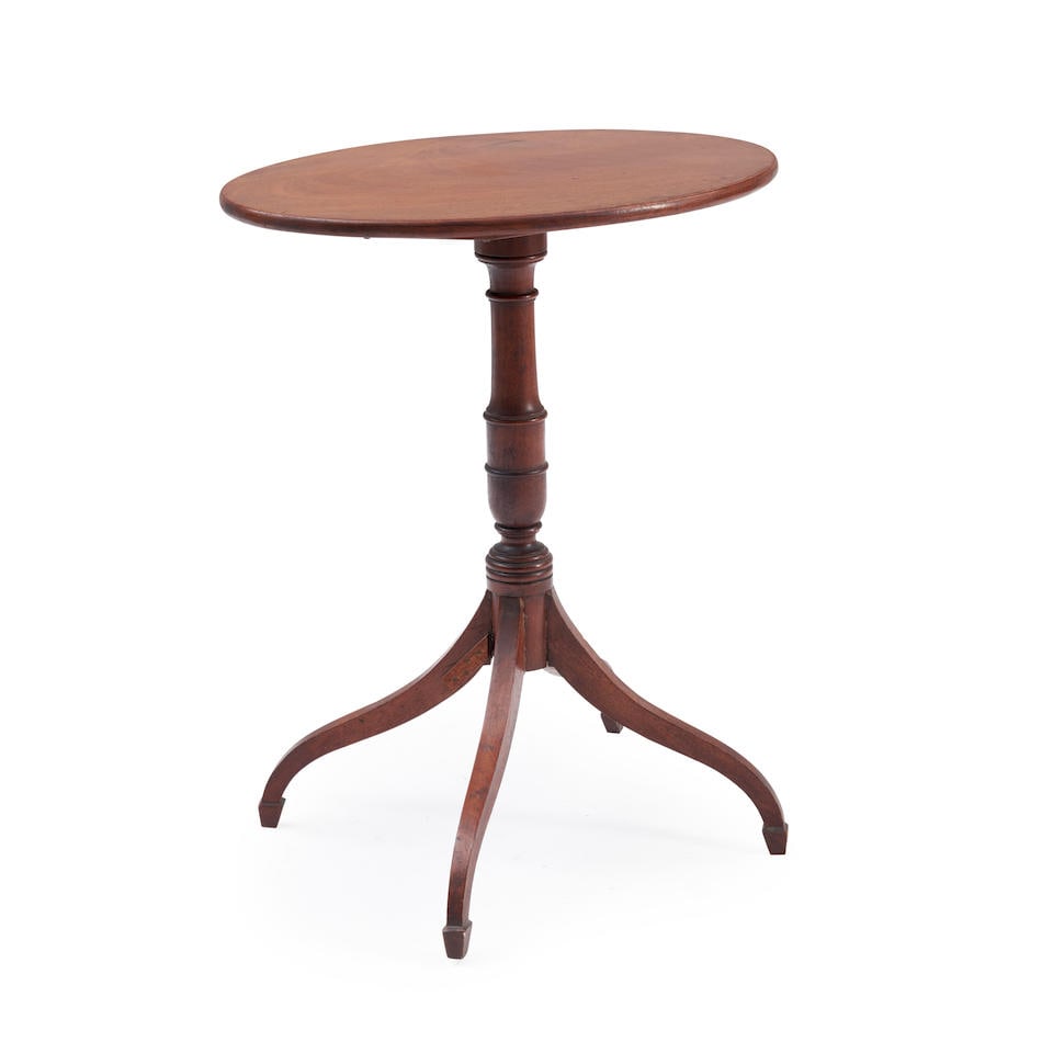 JEFFREY GREENE MAHOGANY OVAL CANDLESTAND: JEFFREY GREENE MAHOGANY OVAL CANDLESTAND • New England • 20th century • With a turned shaft and a glass top • 28' height • 24' width • 18' depth Footnotes: OVERALL