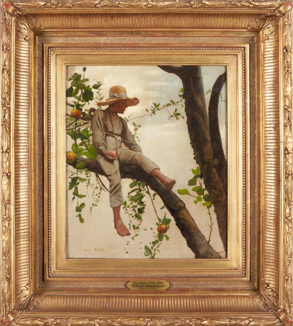 WILLIAM GILBERT GAUL (American, 1855-1919) The Apple Picker framed 52.0 x 47.0 x 7.0 cm (20 1/2 ...: WILLIAM GILBERT GAUL (American, 1855-1919) The Apple Picker signed and dated 'Gilbert Gaul / -1880-' (lower left); titled on labels from McColl Fine Art, Charlotte, North Carolina, and Davis Galleries