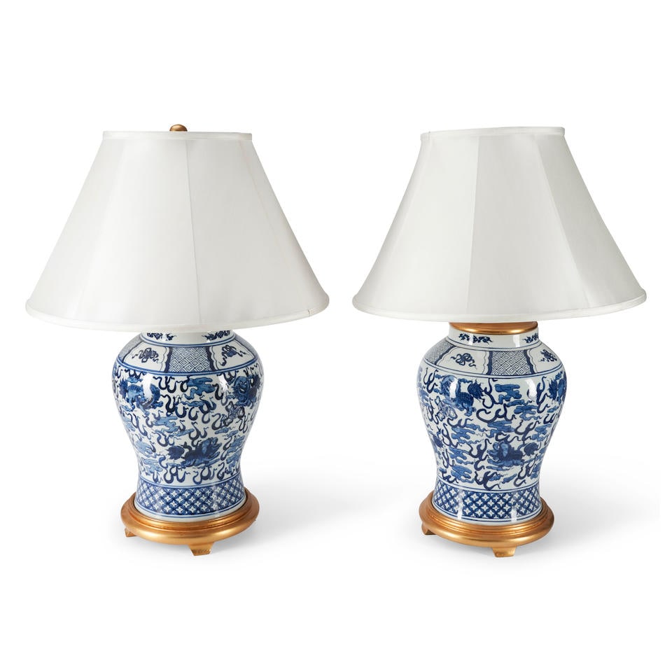 Pair of Chinese Blue and White Baluster Vases Mounted as Lamps, China, 20th/21st century. (1 of 2)