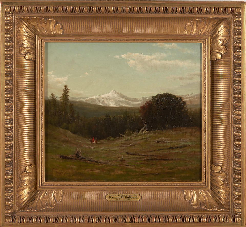 RICHARD WILLIAM HUBBARD (American, 1817-1888) View to the Mountains, 1879 framed 54.0 x 50.0 x 7...: RICHARD WILLIAM HUBBARD (American, 1817-1888) View to the Mountains, 1879 signed 'RWHubbard' (lower left); indistinctly stamped (on the reverse); identified on a presentation plaque oil on canvas 36.0