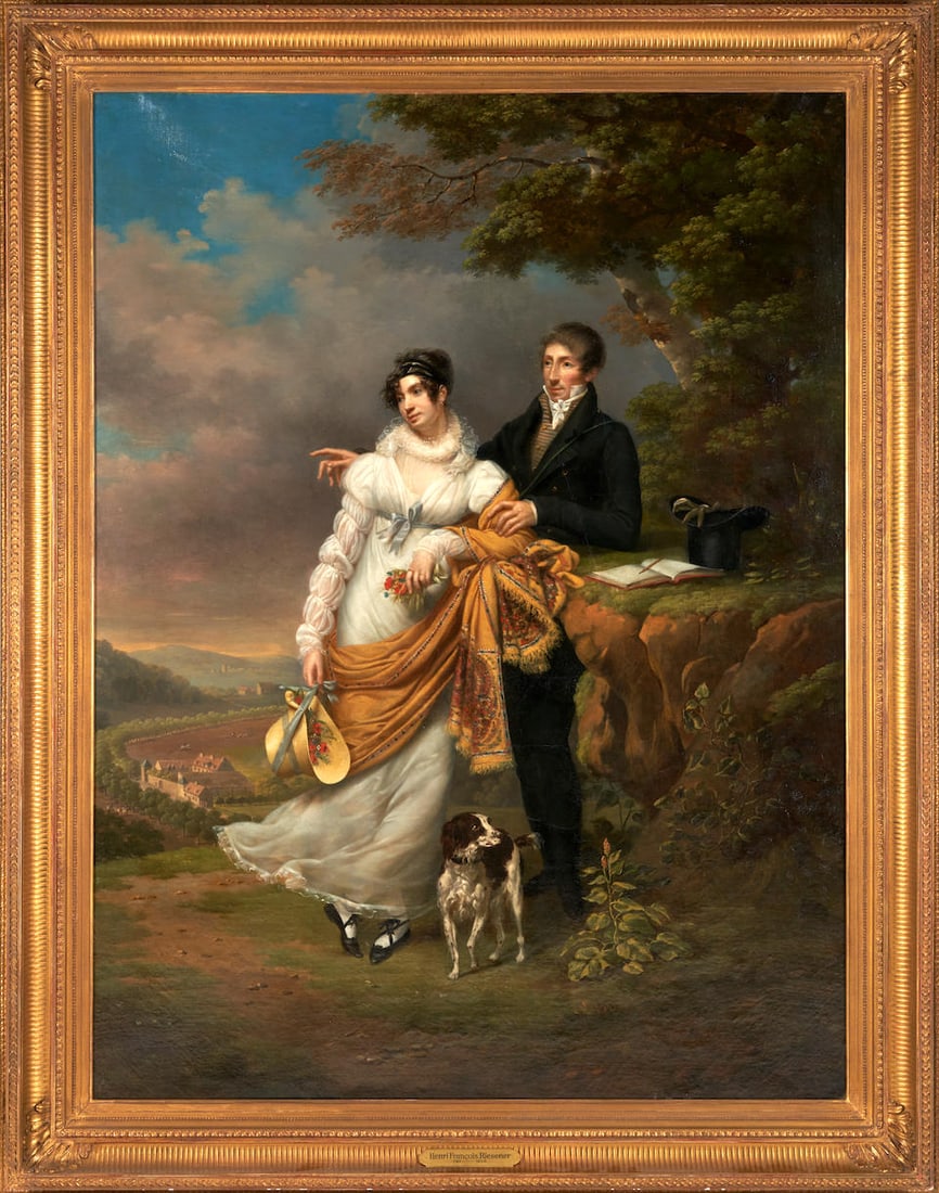 HENRI FRANÇOIS RIESENER (French, 1767-1828) A Portrait of an Elegant Man and Woman with a D...: HENRI FRANÇOIS RIESENER (French, 1767-1828) A Portrait of an Elegant Man and Woman with a Dog signed and dated 'HF. Riesener / 1811' (center right); indistinct stamp (on the stretcher) oil on can