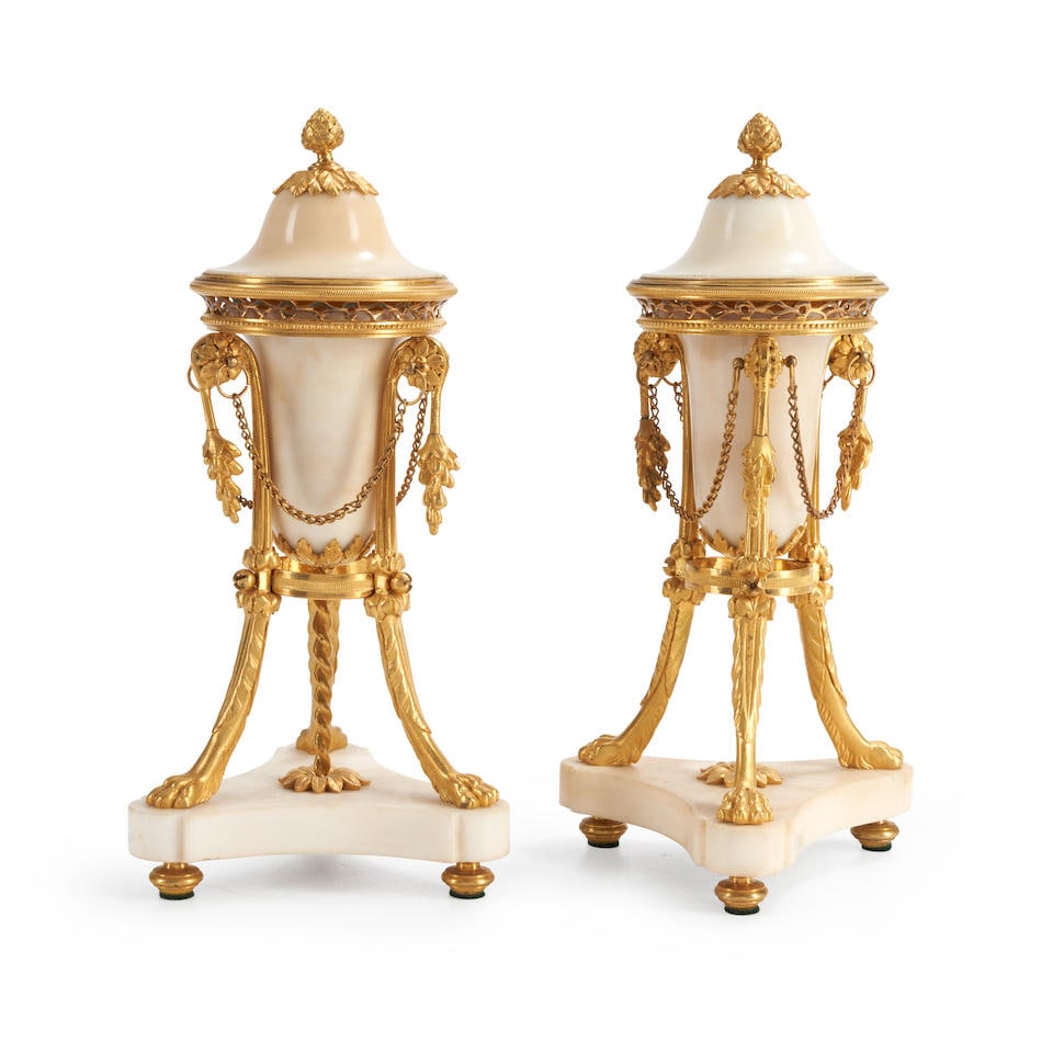 Pair of Louis XVI Ormolu Mounted White Marble Cassolettes, France, circa 1785. (1 of 1)