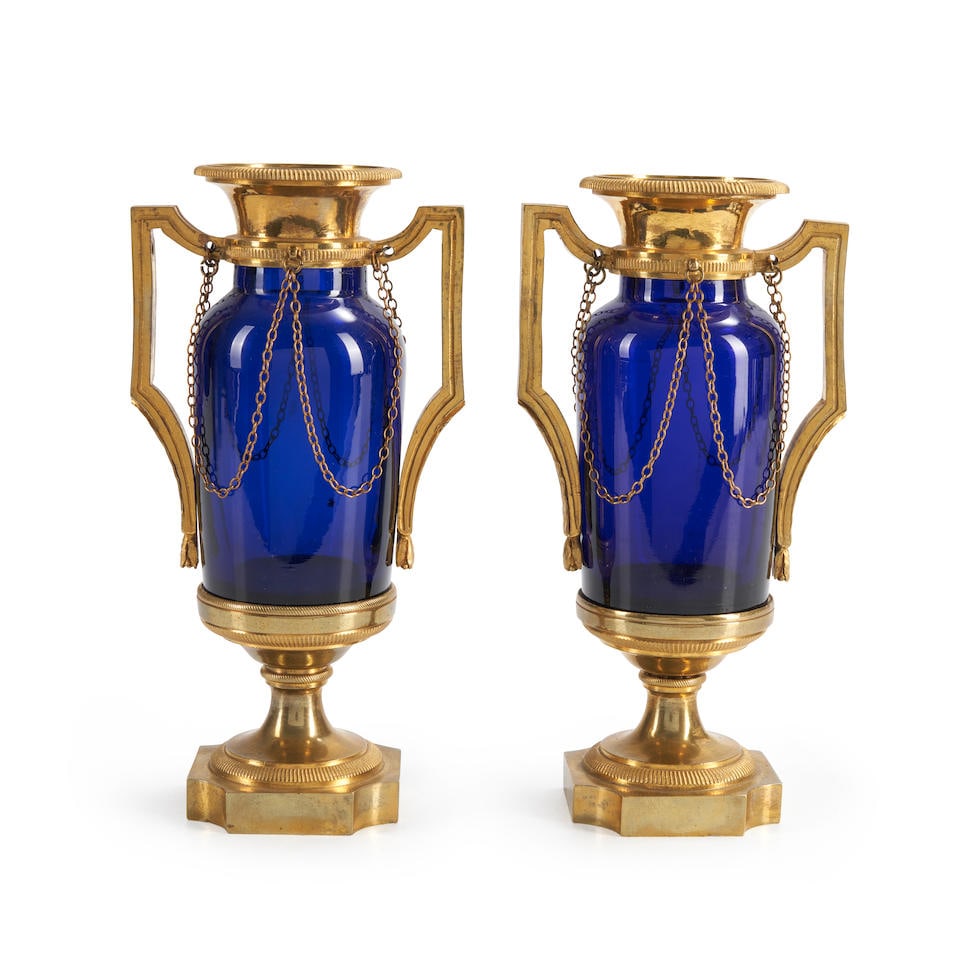 Pair of Louis XVI Ormolu Mounted Cobalt Glass Vases, France, late 18th century. (1 of 1)