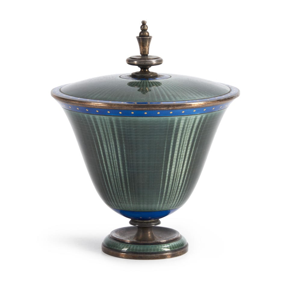 Sterling Silver and Guilloche Enamel Covered Container, David Andersen, Oslo, Norway, c. 1910. (1 of 3)