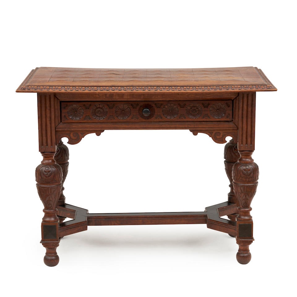 Jacobethan-style Carved and Parquetry Oak Library Table, early 20th century. (1 of 2)