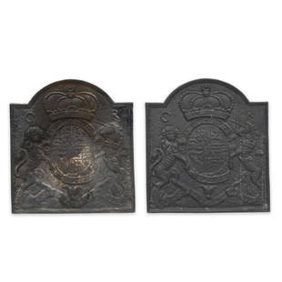 Two Replica George III Cast Iron Firebacks, Virginia Metalcrafters for Colonial Williamsburg, Vi...: Two Replica George III Cast Iron Firebacks, Virginia Metalcrafters for Colonial Williamsburg, Virginia, late 20th century. Arched tablet form with arms of the British royal family inscribed 'GR', reve