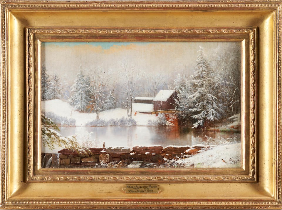 NELSON AUGUSTUS MOORE (American, 1824-1902) April Snow framed 36.5 x 49.0 x 5.0 cm (14 3/8 x 19 ... (1 of 4)