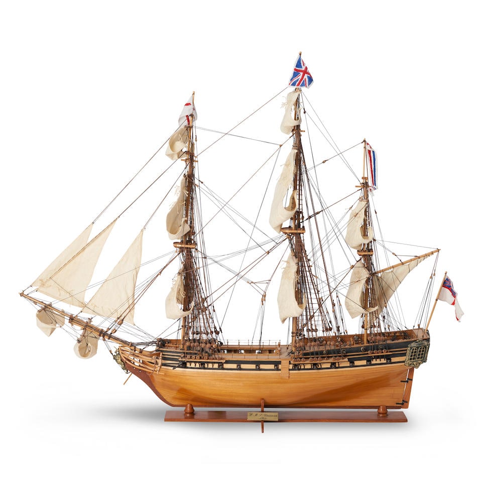 Assembled Scale Model of H.M.S. Unicorn, Historic Marine, Mauritius, c. 1995.: Assembled Scale Model of H.M.S. Unicorn, Historic Marine, Mauritius, c. 1995. Painted and varnished wood hull with three masts and stern flying embroidered Royal Navy flags, rigged with cloth sails an