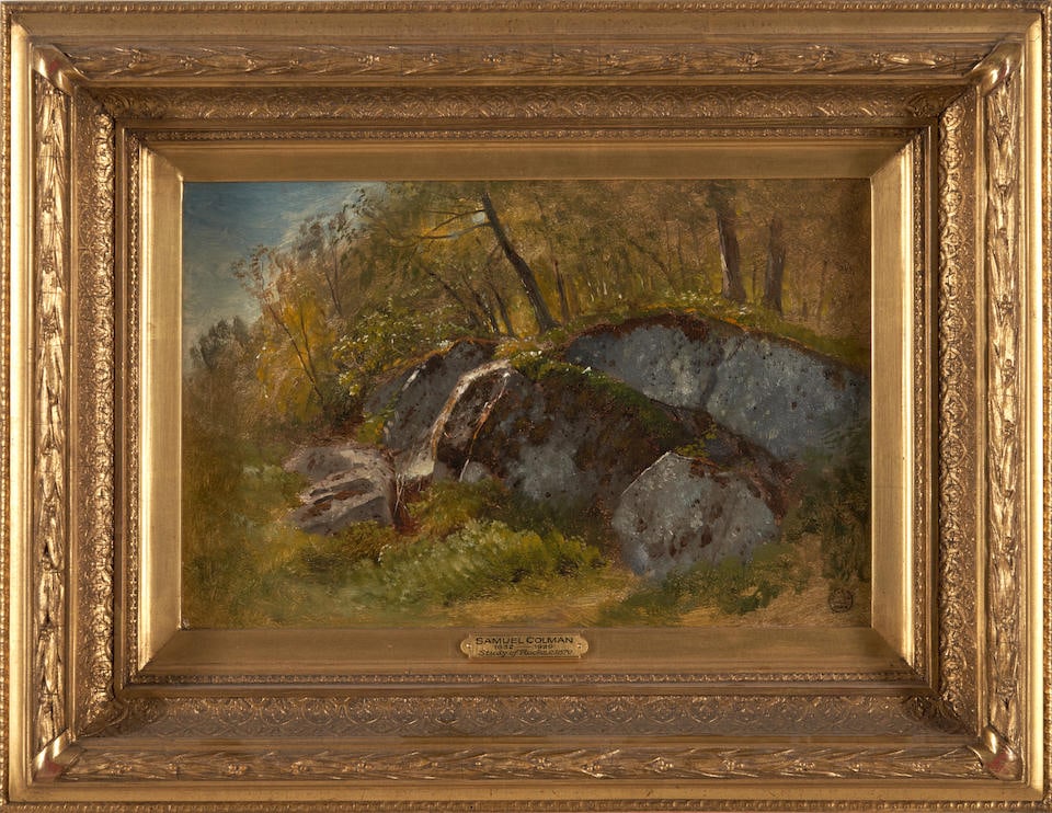 SAMUEL COLMAN (American, 1832-1920) Study of Rocks framed 41.5 x 54.0 x 8.5 cm (16 5/16 x 21 1/4...: SAMUEL COLMAN (American, 1832-1920) Study of Rocks stamp from the artist's estate (lower right and on the reverse); identified and dated c. 1870 on a presentation plaque; gallery label from Cooley Gal