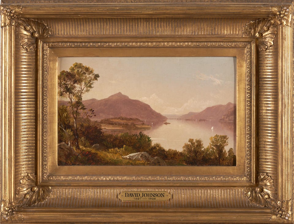 DAVID JOHNSON (American, 1827-1908) View of Lake George framed 34.0 x 44.5 x 7.0 cm (13 3/8 x 1...: DAVID JOHNSON (American, 1827-1908) View of Lake George signed and dated 'View Lake George / DJ. / 57' (on the reverse); identified on a presentation plaque; label from Questroyal Fine Arts, New York