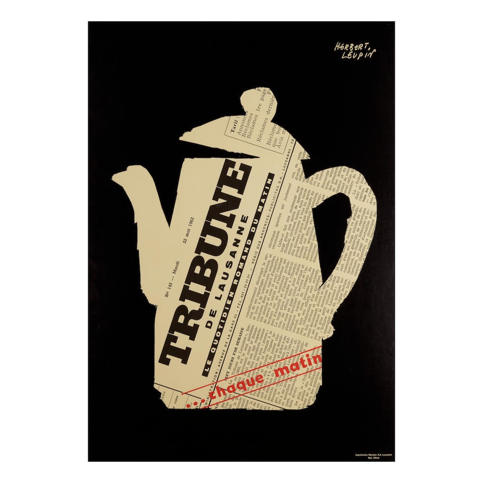 Herbert Leupin (1916-1999); Tribune de Lausanne;: Herbert Leupin (1916-1999) Tribune de Lausanne, 1955 Offset lithograph in colors on wove paper, printed by Réunies S.A., Lausanne, the full sheet, framed. sight 50 x 35in (127 x 88.9cm) Footnote