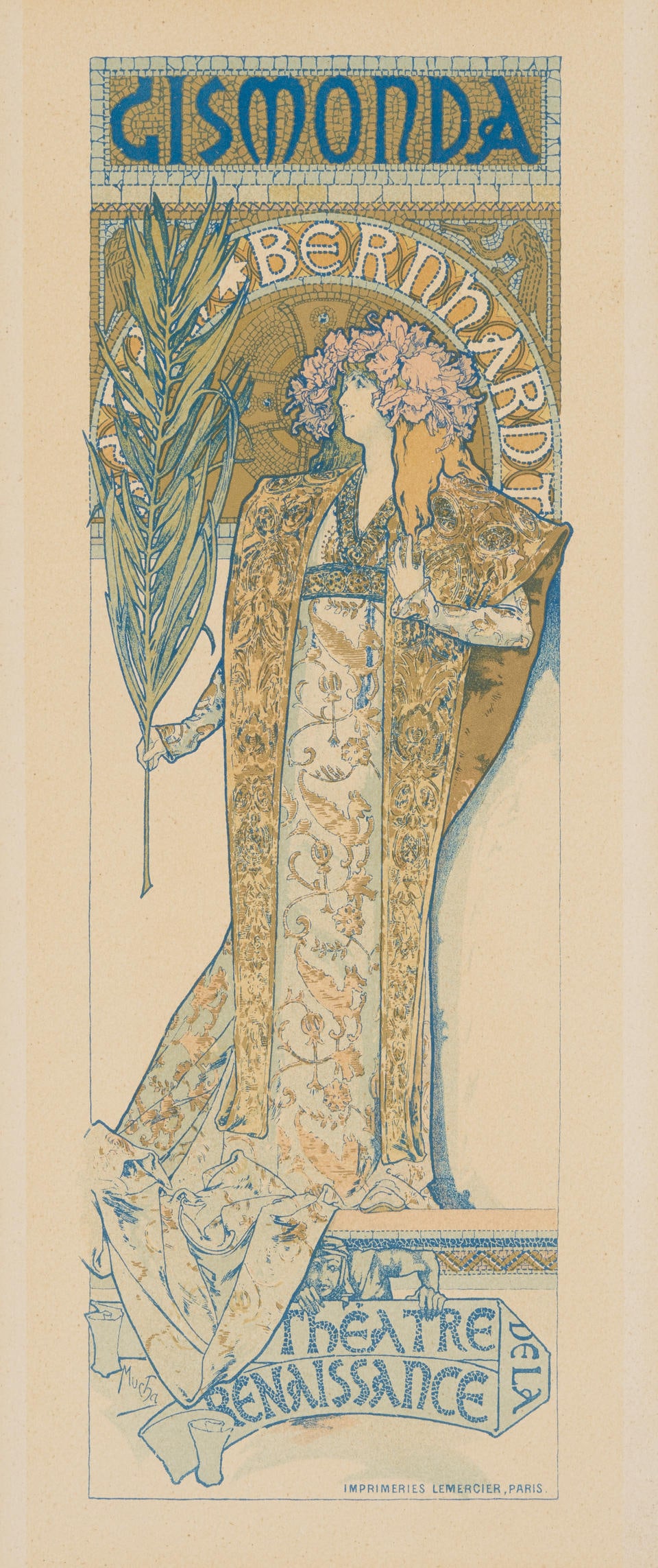 Alphonse Mucha (1860-1939); Gismonda, pl. 27, from Les Maîtres de l'Affiche;: Alphonse Mucha (1860-1939) Gismonda, pl. 27, from Les Maîtres de l'Affiche, 1896 Lithograph in colors on wove paper, with the blindstamp of the printer, Chaix, Paris, with margins, framed. 12 7/8