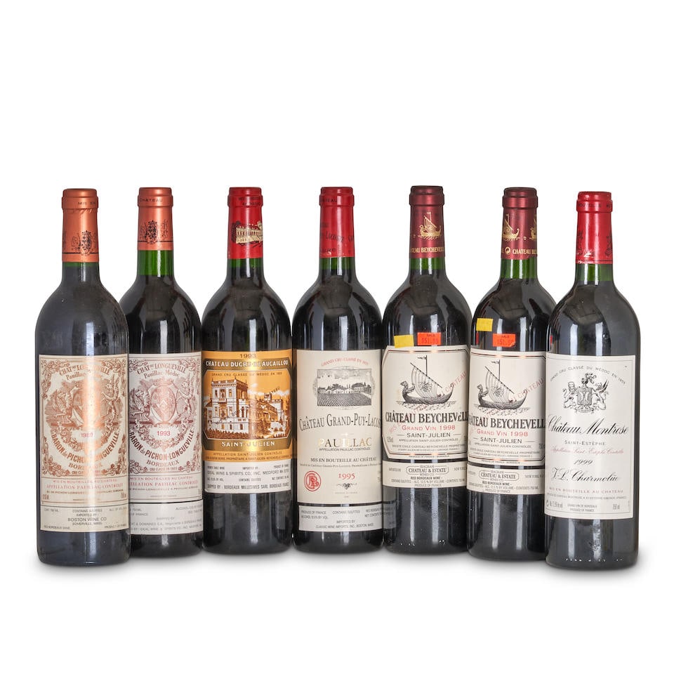 Mixed Bordeaux (7 bottles): Mixed Bordeaux Bordeaux Chateau Beychevelle 1998, u: into neck, 2 bottles Chateau Ducru Beaucaillou 1993, u: into neck, 1 bottle Chateau Grand Puy Lacoste 1995, u: into neck, bin soil,
