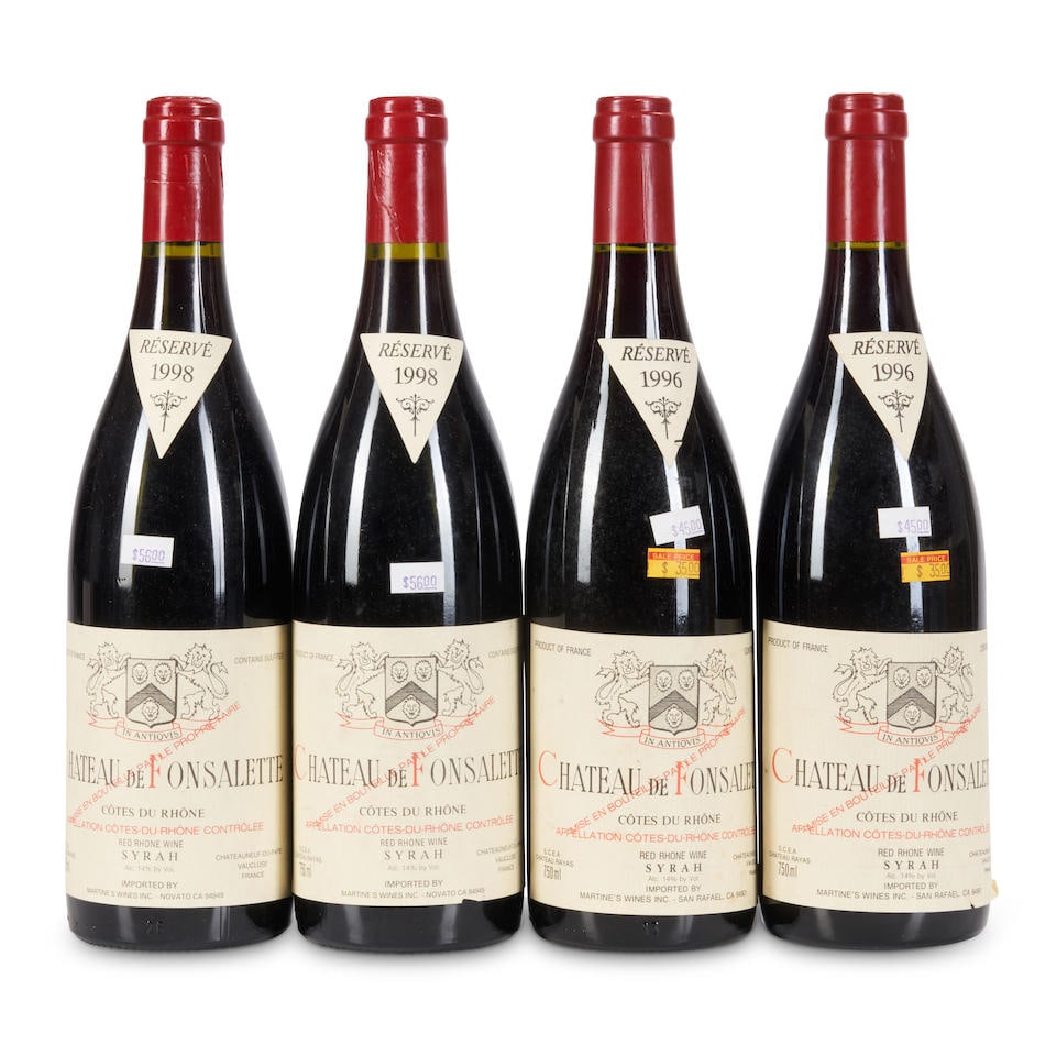 Chateau de Fonsalette Cotes du Rhone 1996 (4 bottles): Chateau de Fonsalette Cotes du Rhone 1996 Southern Rhone u: .5cm 4 bottles This lot is subject to the following lot symbols: • • Zero rated for tax, no tax will be added to the Hammer Pric