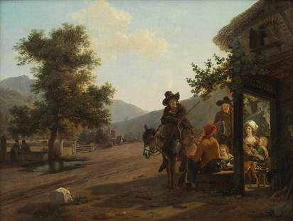 Attributed to Jean-Louis Demarne (Brussels circa 1752-1829 Paris) Villagers before an inn: Attributed to Jean-Louis Demarne (Brussels circa 1752-1829 Paris) Villagers before an inn inscribed 'demarne' (on the reverse) oil on panel 24.2 x 31.2cm (9 1/2 x 12 5/16in). Footnotes: P