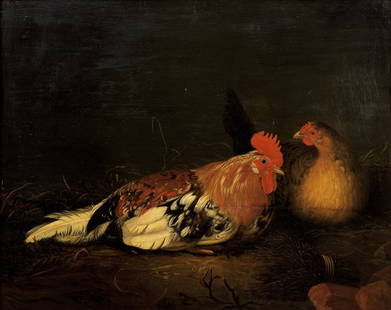 After Aelbert Cuyp, 18th Century A cockerel and a hen resting: After Aelbert Cuyp, 18th CenturyA cockerel and a hen resting oil on panel59.3 x 73.5cm (23 3/8 x 28 15/16in).Footnotes:ProvenancePrivate Collection, The Netherlands for at least 70 yearsThe present