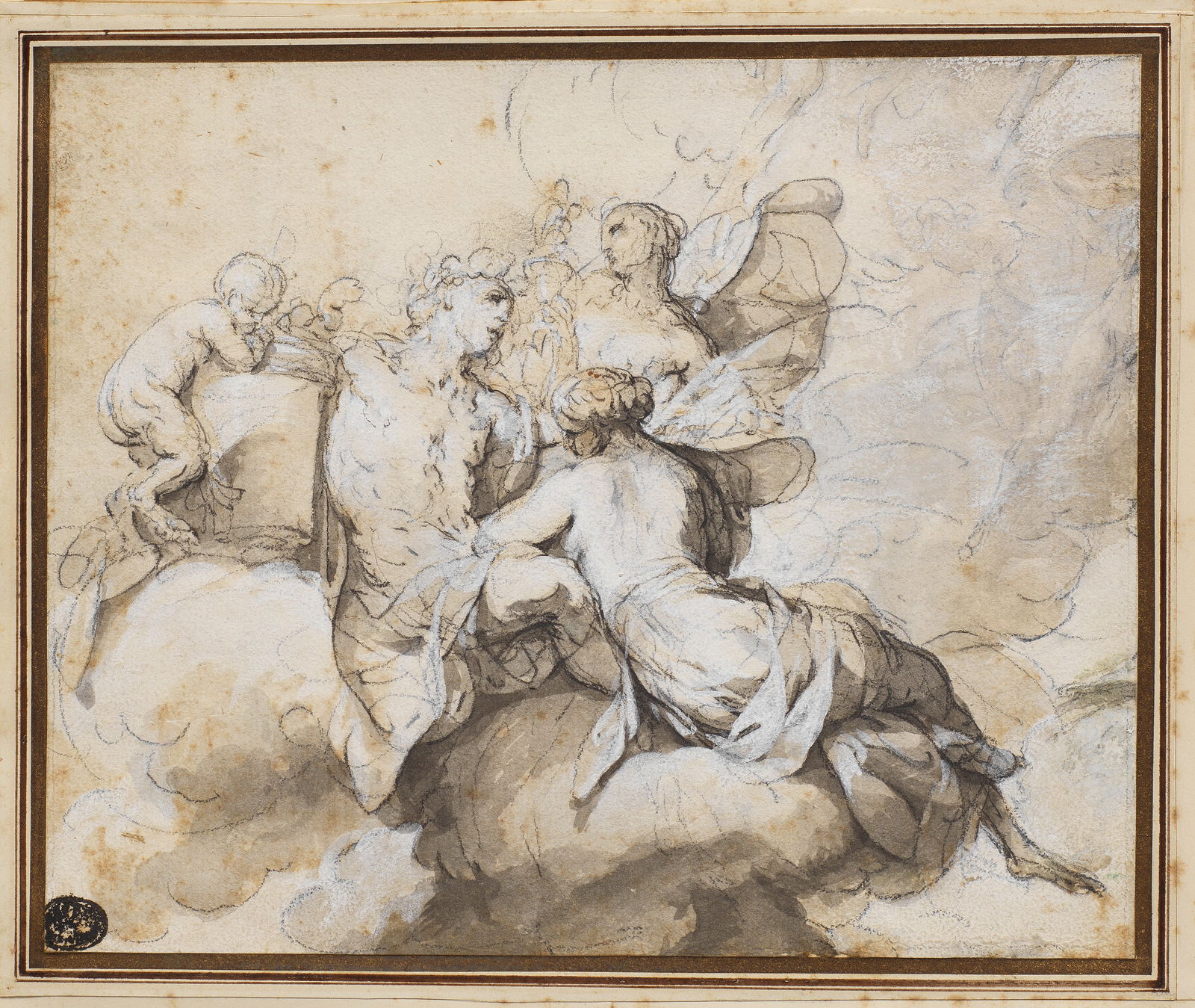 Attributed to Giovanni Domenico Ferretti (Florence 1692-1768) Figures on a nimbus unframed: Attributed to Giovanni Domenico Ferretti (Florence 1692-1768) Figures on a nimbus black chalk with grey and brown wash heightened with white on laid paper 17.4 x 21.3cm (6 7/8 x 8 3/8in). unframed F