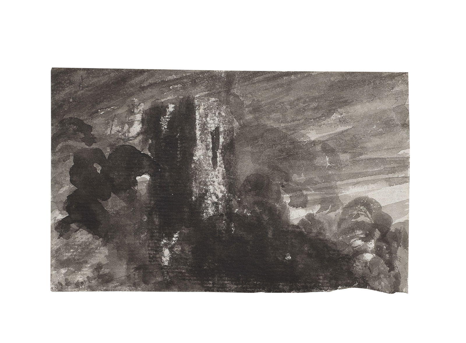 Attributed to John Constable R.A. (Suffolk 1776-1837 Hampstead) A tower among trees: Attributed to John Constable R.A. (Suffolk 1776-1837 Hampstead) A tower among trees - possibly Hadleigh Tower black chalk and grey wash on laid paper 6.9 x 11.1cm (2 11/16 x 4 3/8in). Footnotes: