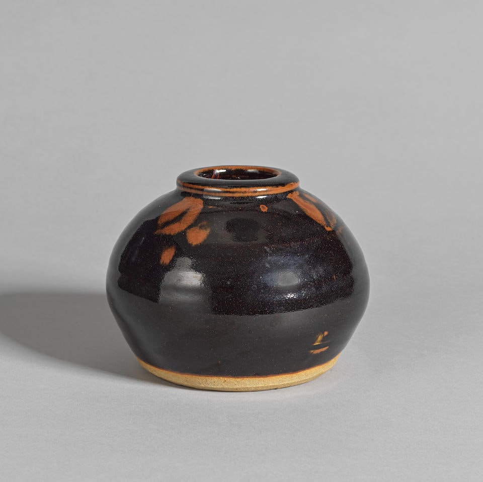 Bernard Leach Small globular vase: Bernard Leach Small globular vase Stoneware, rich tenmoku glaze with brushed iron design. 10.5 cm high, 14.5 cm diameter Impressed artist's and Leach Pottery seals. Underside inscribed MAUFE. Footnote