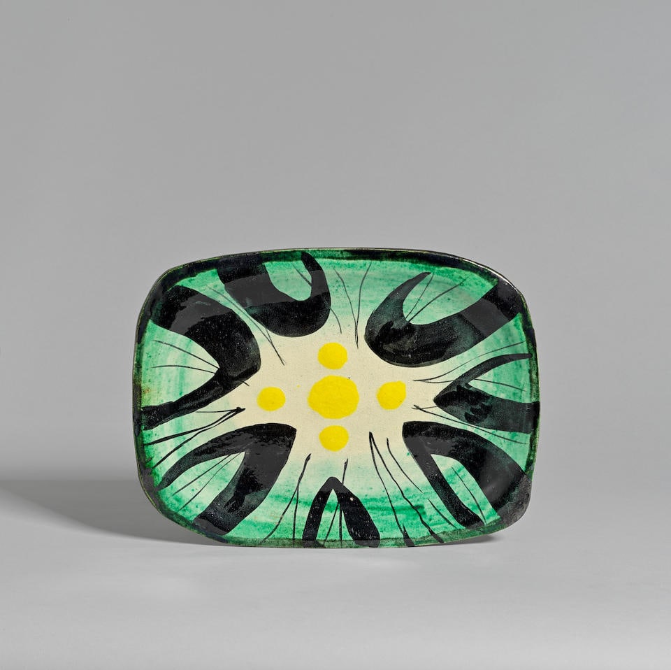 John Piper Dish, 1982: John Piper Dish, 1982 Glazed polychrome earthenware. 2.4 x 36 x 27 cm Painted to the reverse with artist's signature, Fulham Pottery and VIII/82. This lot is subject to the following lot symbols: AR A