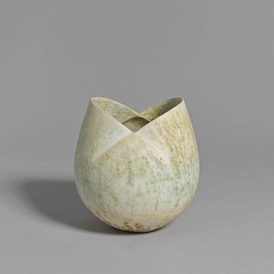 John Ward 'Bud' pot: John Ward 'Bud' pot Stoneware, mottled cream, green and brown matt glazes over a lightly textured body. 20.5 x 18 x 18.5 cm Underside with impressed artist's seal. This lot is subject to the following